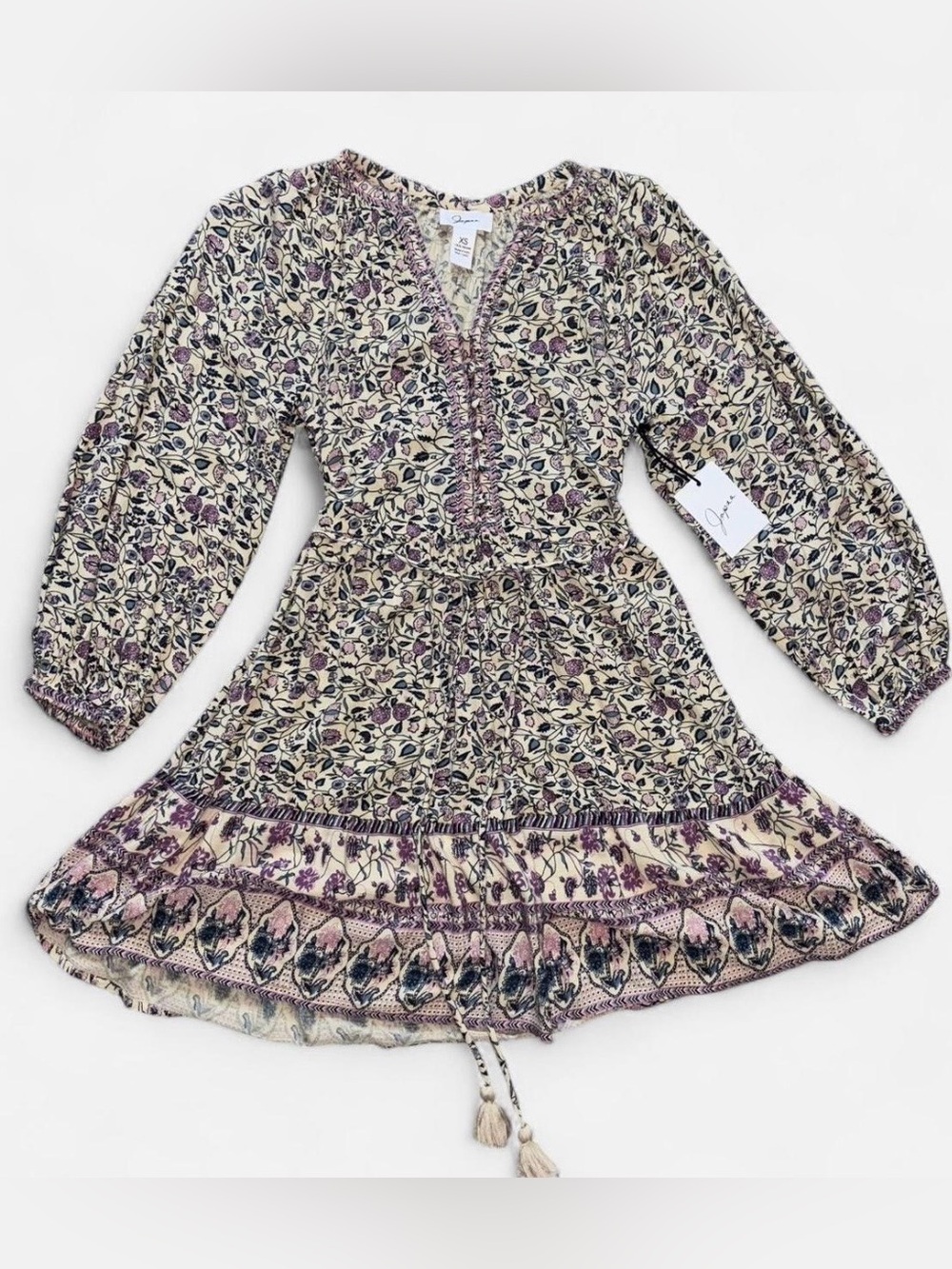 Japna Cream Floral Long Sleeve Dress with Purple Accents